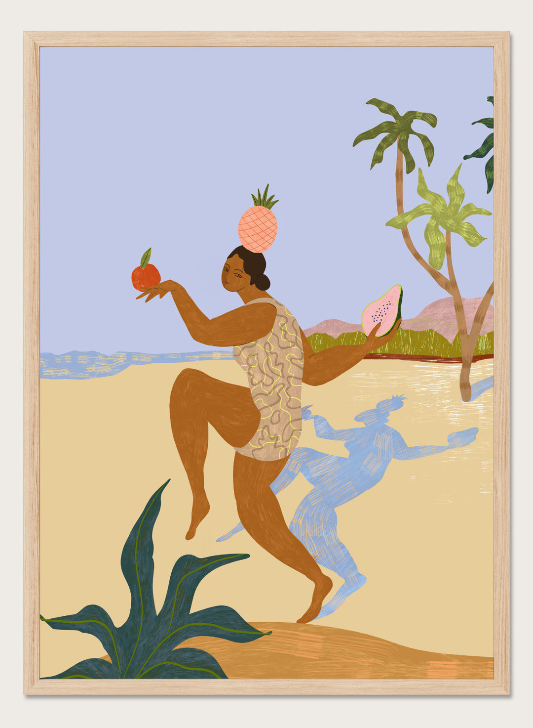 Illustration of a person holding fruits with a stylized landscape in the background. Balancing Act by Arty Guava is a colorful figurative art print featuring tropical motifs, playful symbolism, vibrant colors, and whimsical contemporary storytelling.