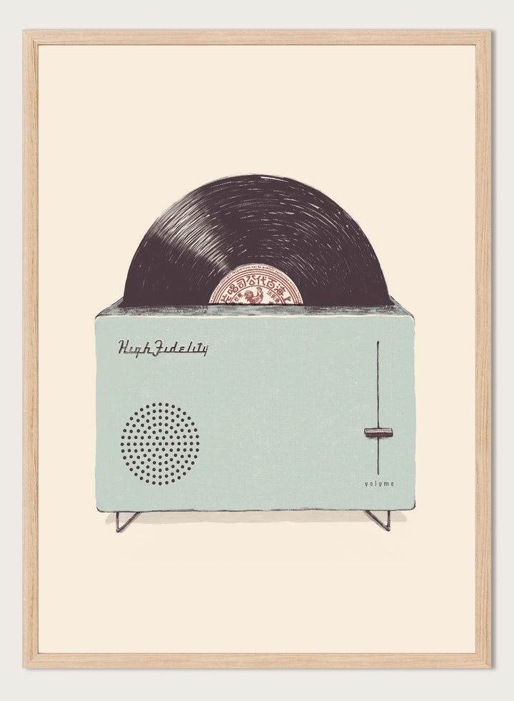 Vintage-style record player with vinyl record on a beige background. Retro Record Toaster by Florent Bodart is a playful vintage-inspired art print featuring a record player toaster, a modern retro wall poster with music theme.