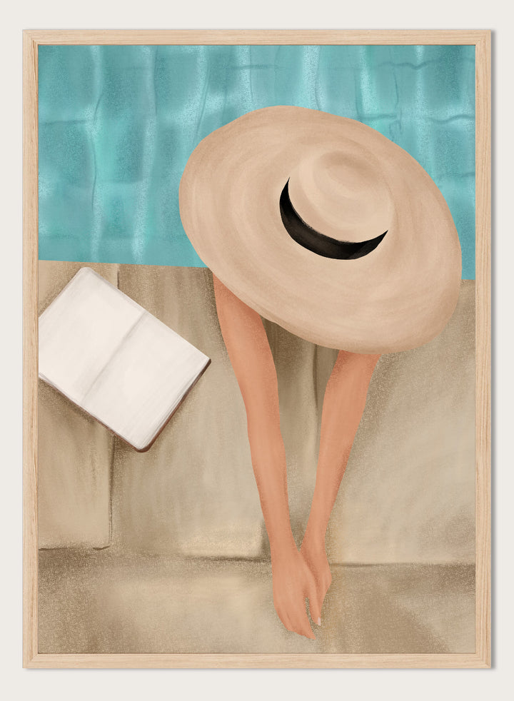 Person wearing a large beige hat with a black band, standing against a textured blue and beige wall. Summer Poolside Relax by Flow Line is a summer wall art print featuring a poolside scene, turquoise water, resort decor, vacation artwork, and coastal style.