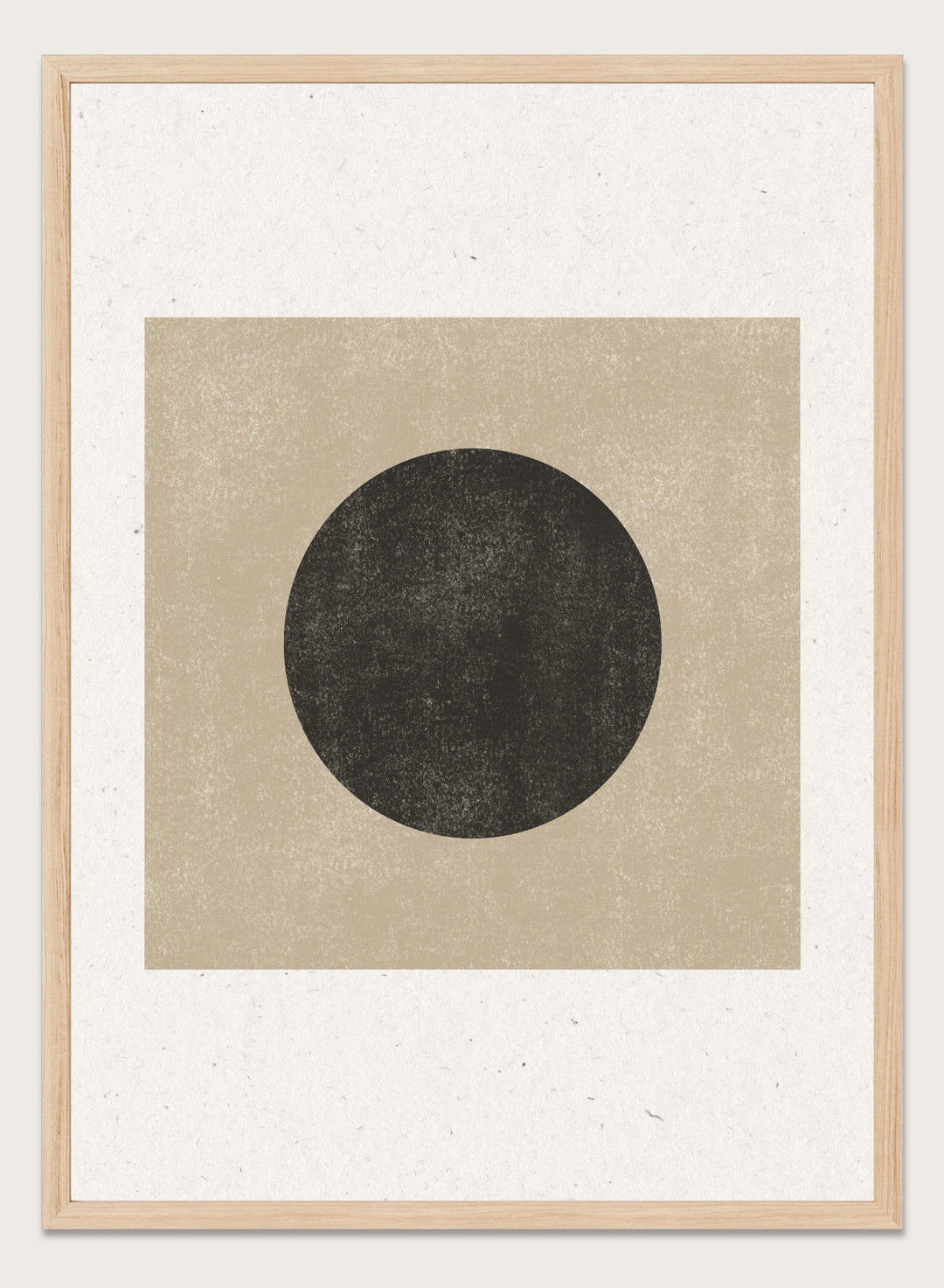 Black circle on beige background. Eclipse Silence by The MIUUS Studio is a minimalist abstract art print and wall poster featuring geometric shapes, neutral tones, and modern textured design.