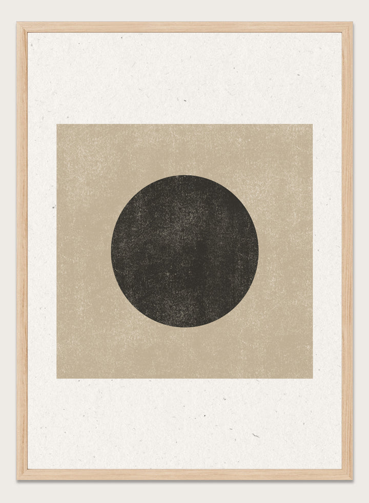 Black circle on beige background. Eclipse Silence by The MIUUS Studio is a minimalist abstract art print and wall poster featuring geometric shapes, neutral tones, and modern textured design.