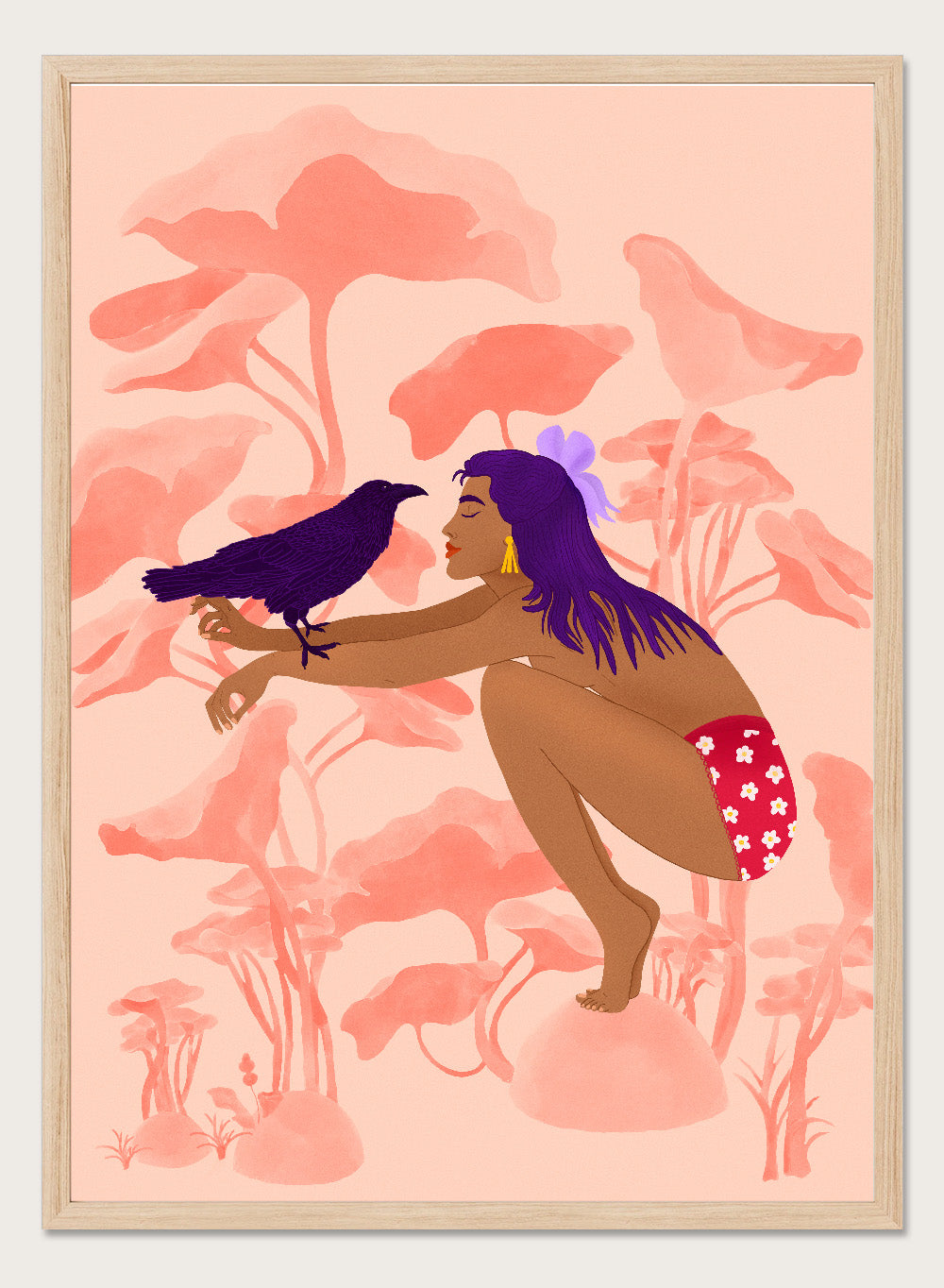 Illustration of a woman with a bird on a pink floral background. Raven by Jota de Jai is a modern pink wall art print of a woman with a purple raven, available as a premium fine art poster with optional wood framing.