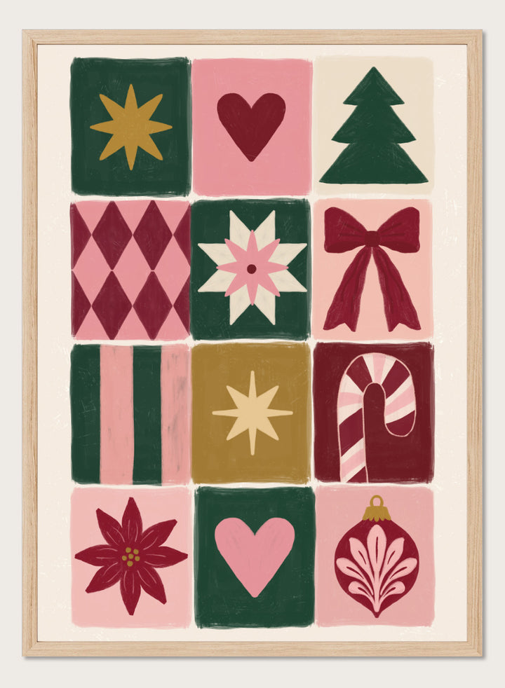 Shop Festive Christmas Grid by Katarzyna Gąsiorowska, a Christmas wall art print poster featuring a tree, bow, candy cane, poinsettia, ornament, and holiday motifs.