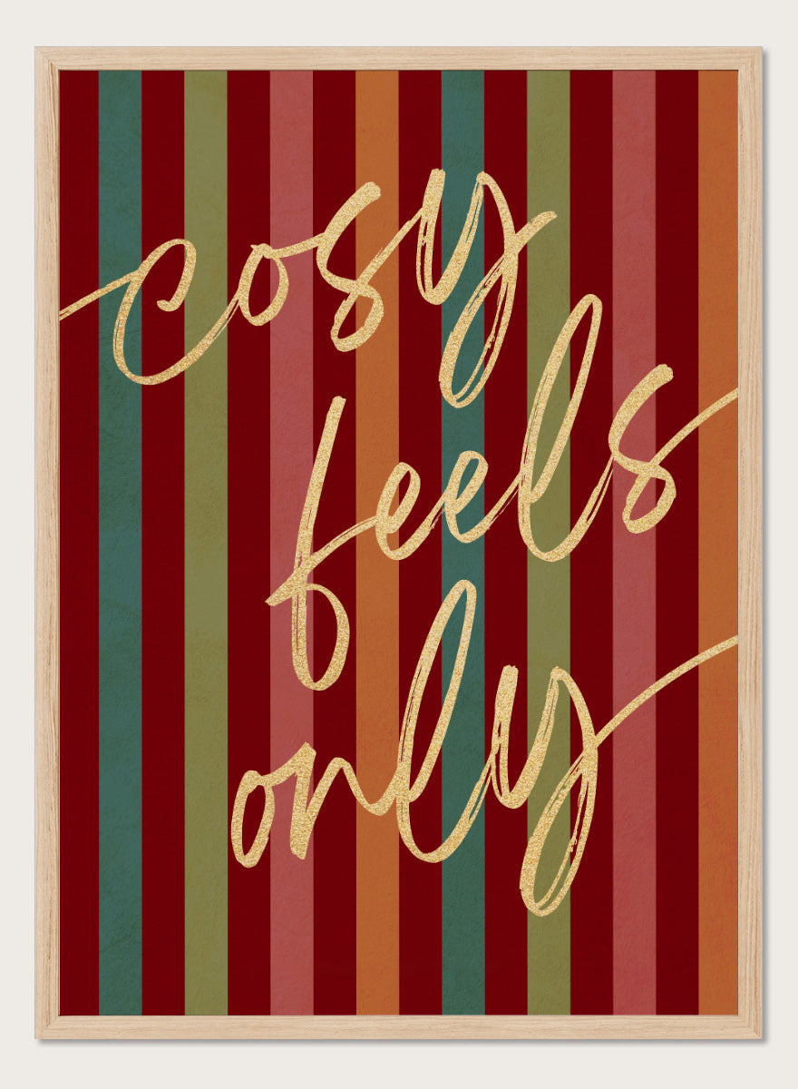Shop Cosy Feels Christmas by Dominique Vari, a colorful holiday wall art print poster featuring retro stripes, gold lettering, and festive red and green tones.