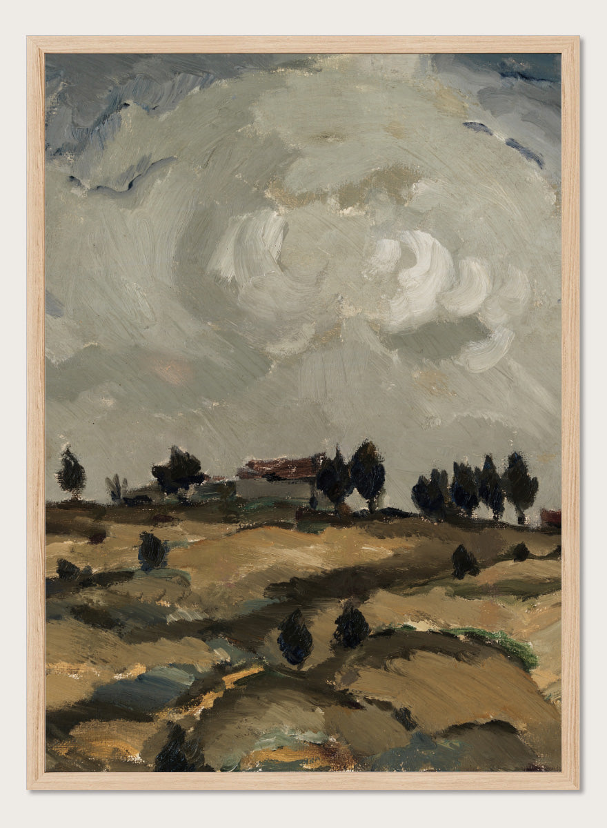 Shop Autumn Landscape with Clouds by Ilmari Aalto, a vintage Finnish landscape wall art print poster depicting rolling fields beneath a dramatic gray sky.
