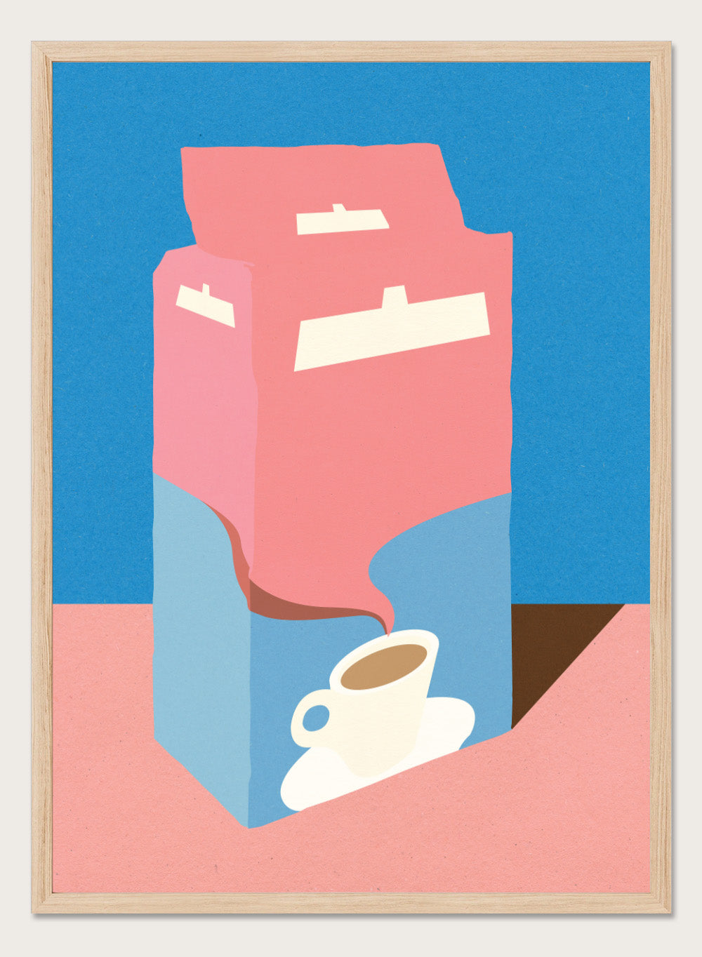 Illustration of a pink milk carton pouring into a white cup on a blue background. Illustration of a pink milk carton pouring into a white cup on a blue background. Crema E Gusto Dolce by Rosi Feist is a minimalist coffee bag kitchen art print with Bauhaus-inspired color. Officially licensed modern poster with framing.