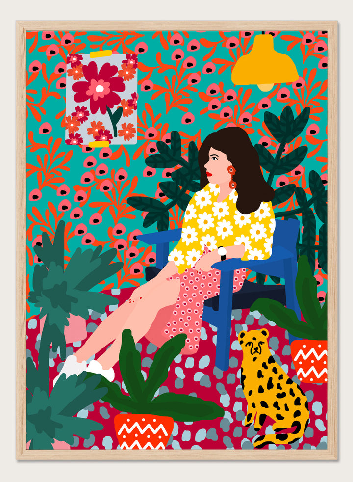 Floral Daydreaming by Rafaela Mascaro fine art print featuring bold botanical interior, modern woman portrait, and colorful contemporary wall art poster.