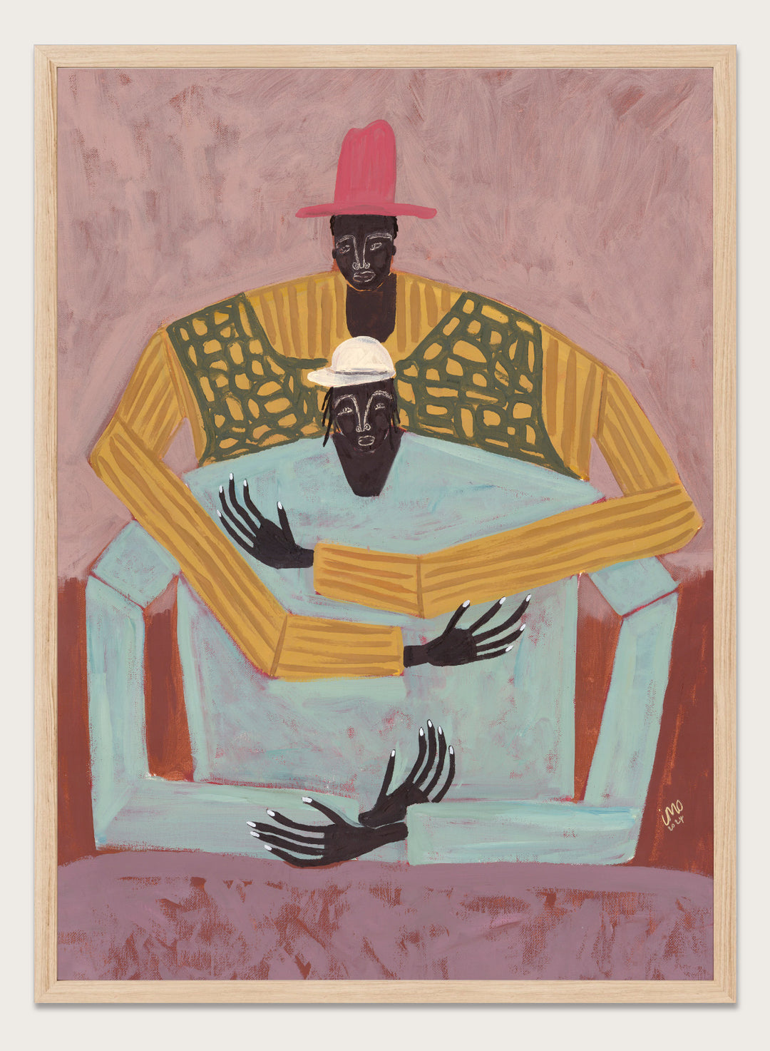 Artistic depiction of two figures sitting together with a pink background. The Hug by Studio IMO (Ibi Meier-Oruitemeka) is a modern figurative art print featuring two figures embracing in a bold contemporary wall poster design.