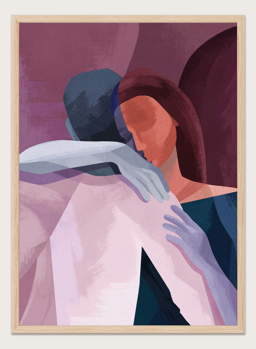 Artistic illustration of two people embracing with abstract background. In This Together by Goed Blauw is a modern abstract figure art print and wall poster featuring two people in an intimate embrace with layered soft colors.