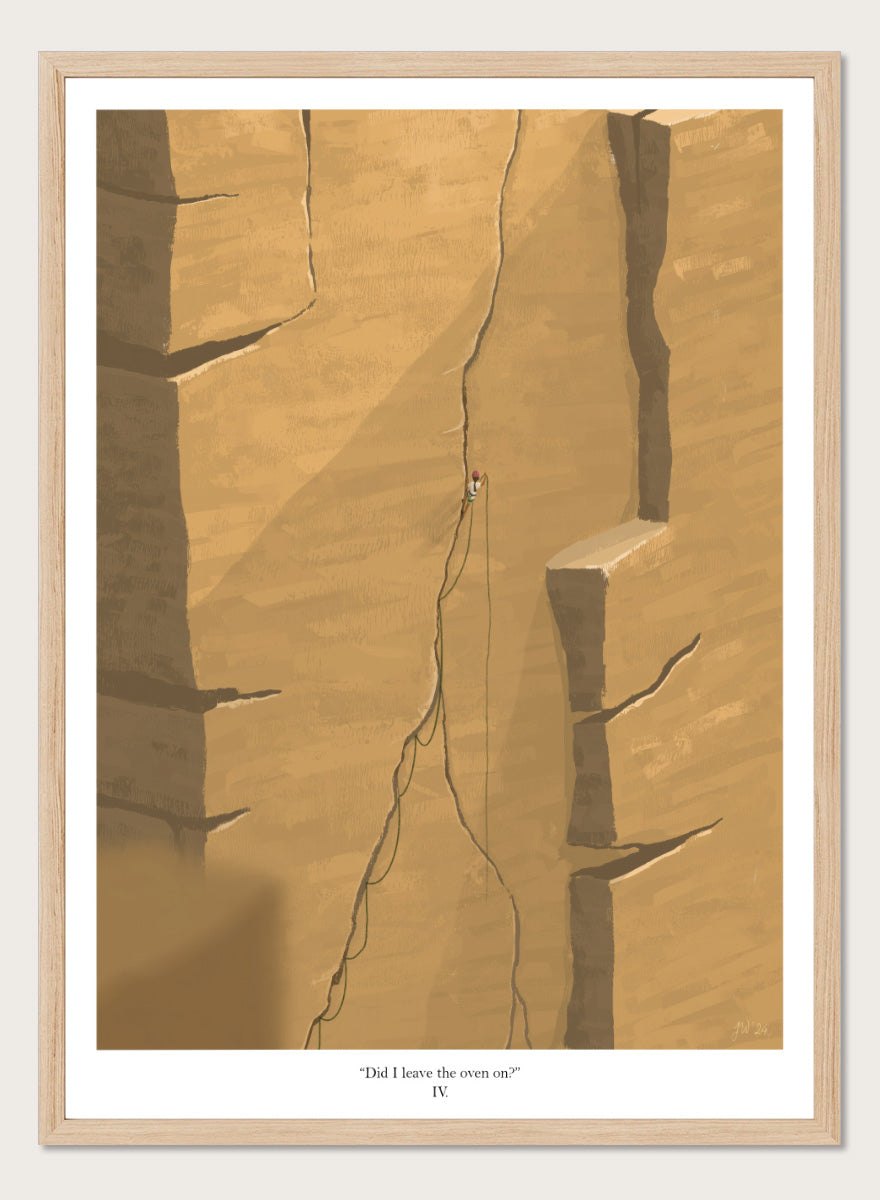 An art print featuring a minimalist illustration of a climber on a massive sandstone cliff, with the caption &