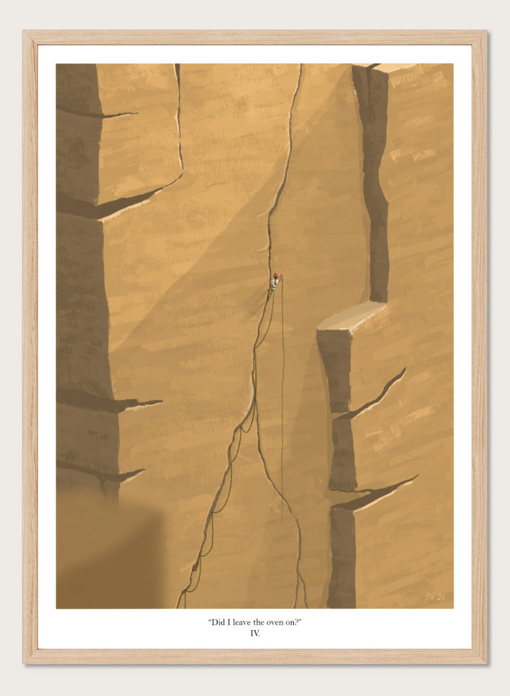 An art print featuring a minimalist illustration of a climber on a massive sandstone cliff, with the caption &