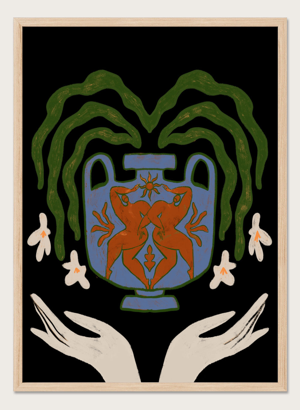 Decorative design with a blue urn, red figure, green leaves, and white flowers on a black background. Vessel Collection: Harmony by Arty Guava art print, modern vase wall poster with botanical illustration, contemporary minimalist line artwork.