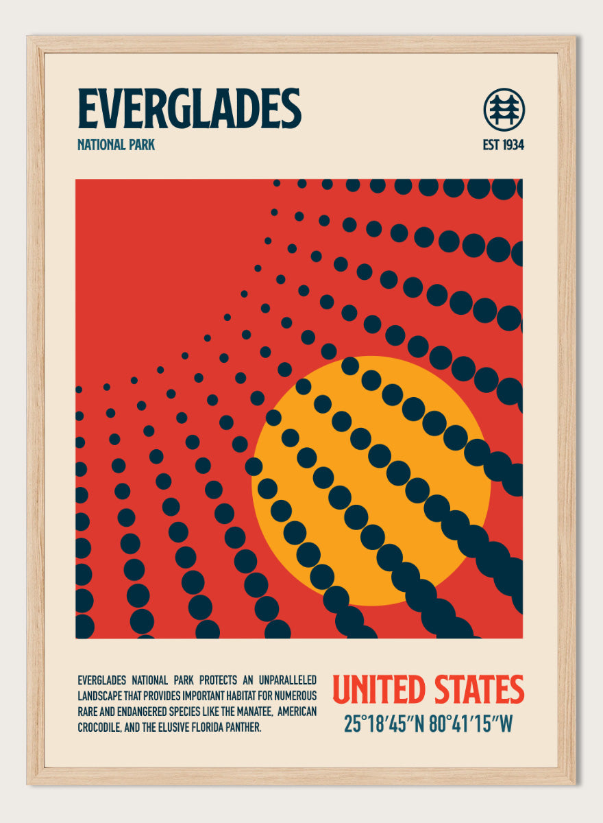 A vintage-style travel poster for Everglades National Park, United States, featuring a bold red background, a large yellow circle, and dark blue dotted radial lines. The top reads &