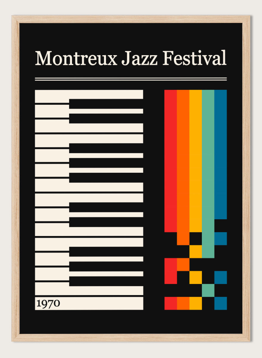 Montreux Jazz Festival 1970 poster design with a black background, white piano keys on the left, a vertical rainbow stripe graphic on the right, and the festival title at the top. Colorful Jazz Keyboard by Retrodrome retro music art print featuring piano keys, Montreux Jazz Festival typography, and bold 1970s color blocks.