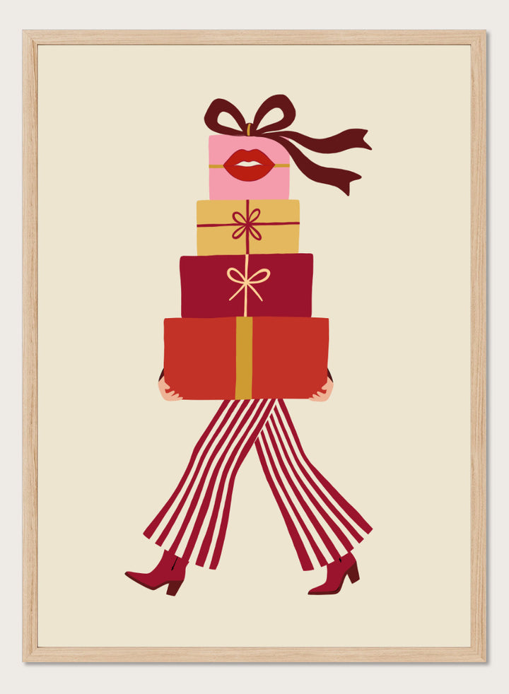 Shop Fashionable Gift Shopping by Dominique Vari, a festive fashion wall art print poster featuring stacked presents, striped trousers, red boots, and retro holiday colors.