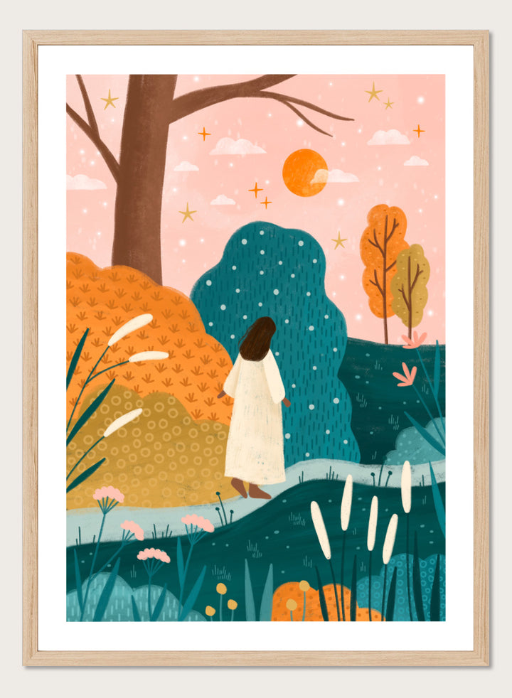 Shop Dreamy Path Exploration by Bea Müller, a figurative autumn landscape wall art print poster featuring a woman on a colorful garden path in blue and orange tones.