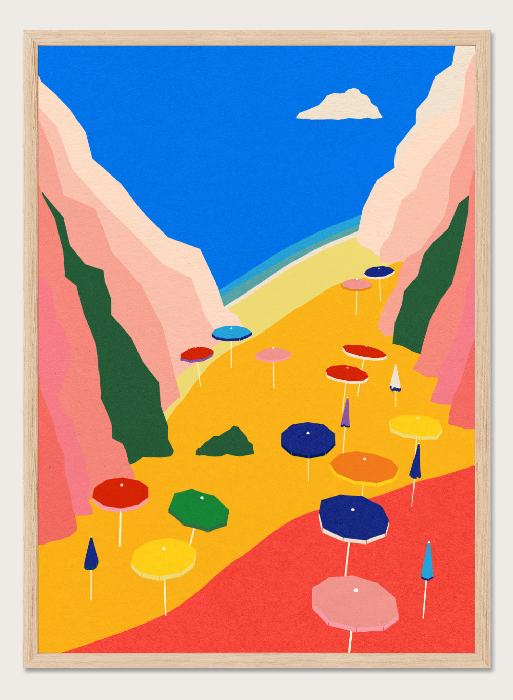 Colorful umbrellas on a red and yellow landscape with mountains and blue sky. Lido Liguria by Rosi Feist is a modern coastal art print with bold Mediterranean color, beach umbrellas, and minimalist Italian travel poster style.
