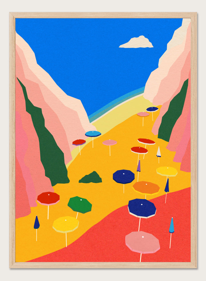 Colorful umbrellas on a red and yellow landscape with mountains and blue sky. Lido Liguria by Rosi Feist is a modern coastal art print with bold Mediterranean color, beach umbrellas, and minimalist Italian travel poster style.