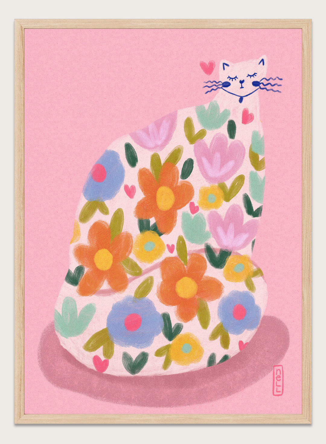 Whimsical Flower Cat by Dirkie Nell is a colorful cat art print featuring playful floral patterns, pastel tones, and modern hand painted aesthetic wall art.