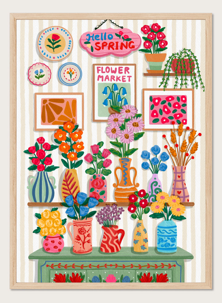 A colorful spring-themed floral wall display illustration featuring vases, framed art, hanging plants, and a sign reading &