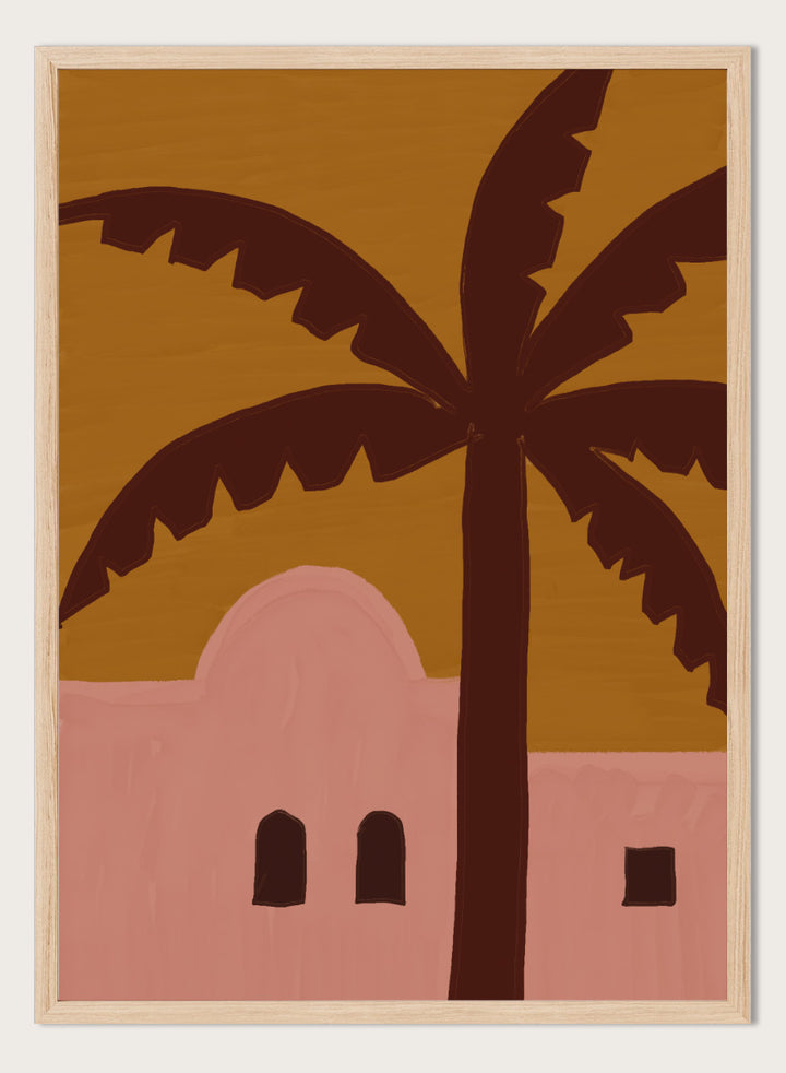 A stylized painting of a palm tree in front of a pink building under a mustard yellow sky. Desert Palm Abode by The Art Concept art print featuring a pink desert home, oversized palm tree, ochre sky, and warm retro color palette.