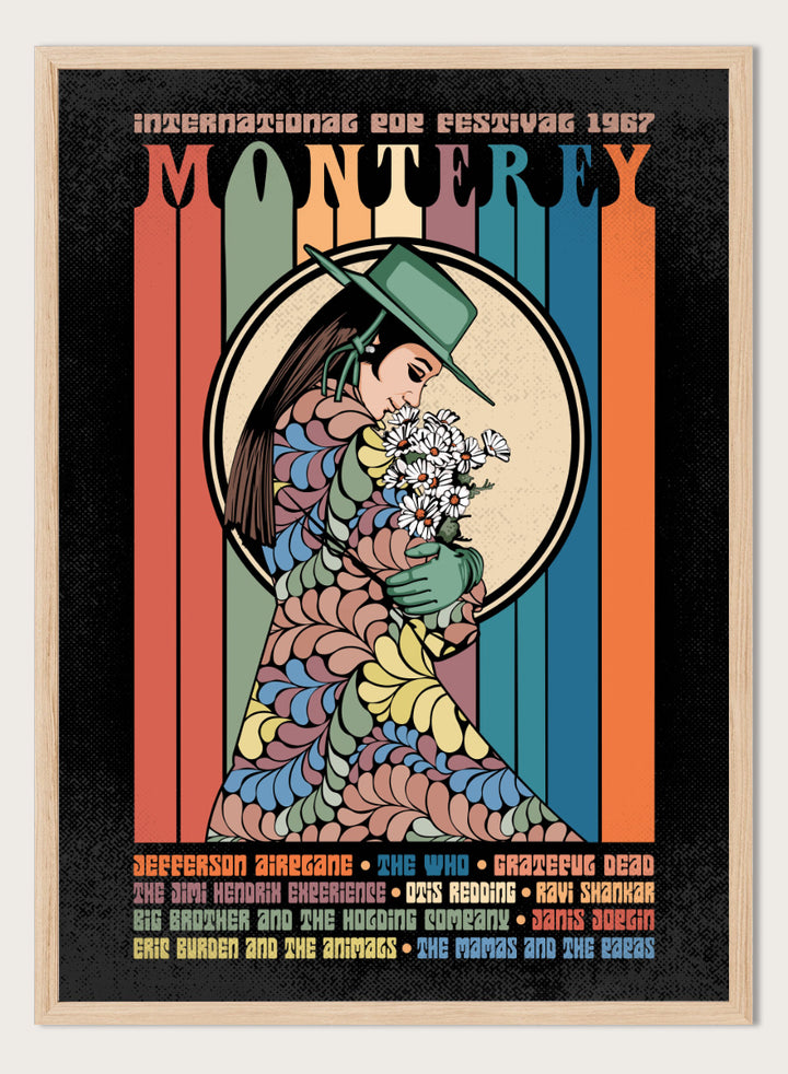 A retro-style concert poster for the 1967 European Tour featuring the band Monterey. The design has a black background with vertical multicolored stripes in orange, green, blue, and beige, surrounding an illustration of a woman in a green hat and patterned dress holding white flowers. Flower Child Festival by Retrodrome retro music art print inspired by the 1967 Monterey Pop Festival, with flower-child imagery and vintage concert poster style.