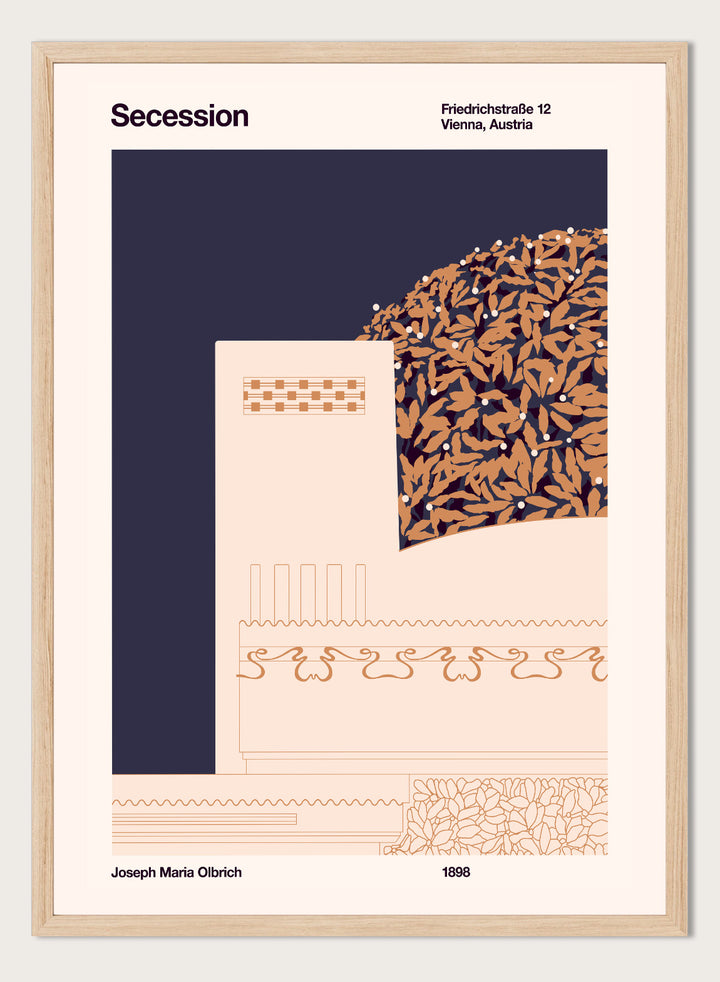 Poster design with geometric patterns and text on a dark blue and beige background. Vienna Secession Building by Florent Bodart is a modern architectural art print inspired by Vienna Secession design, a minimalist wall poster with geometric detail and warm tones.