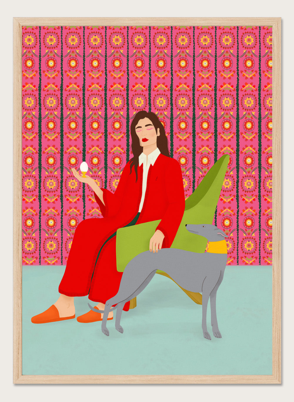 Woman in a red coat sitting on a green chair with a dog, against a pink patterned wall. Wonderful Egg by Jota de Jai is a whimsical modern art print of a woman in a red robe holding an egg with her greyhound, officially licensed wall poster with framing.