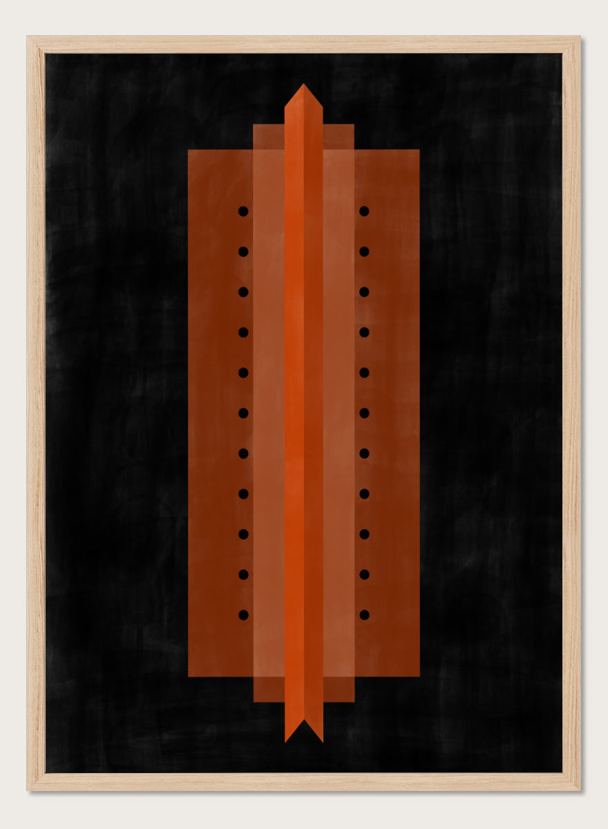 Shop Orange Art Deco Structure by Elena Ristova, a modern abstract wall art print poster featuring bold orange geometry, black dots, and strong symmetry.