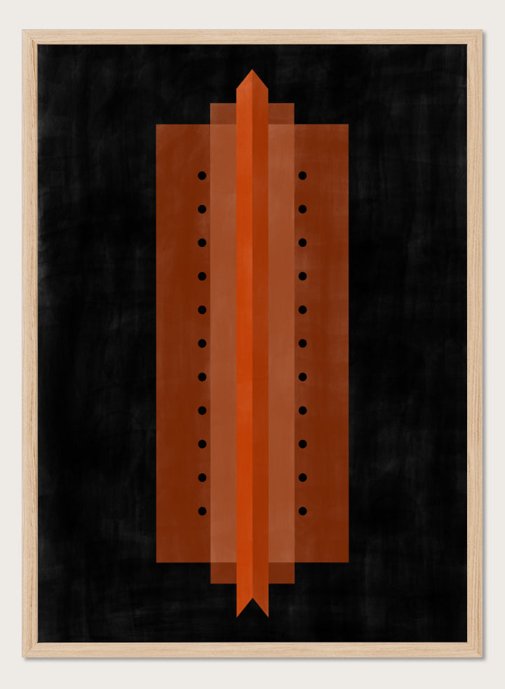 Shop Orange Art Deco Structure by Elena Ristova, a modern abstract wall art print poster featuring bold orange geometry, black dots, and strong symmetry.