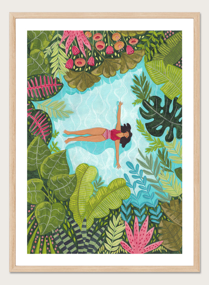Illustration of a woman swimming in a pool surrounded by tropical plants. Tropical Pool Relaxation by Caroline Bonne Müller is a fine art print and wall poster of a woman floating in a pool surrounded by tropical plants.