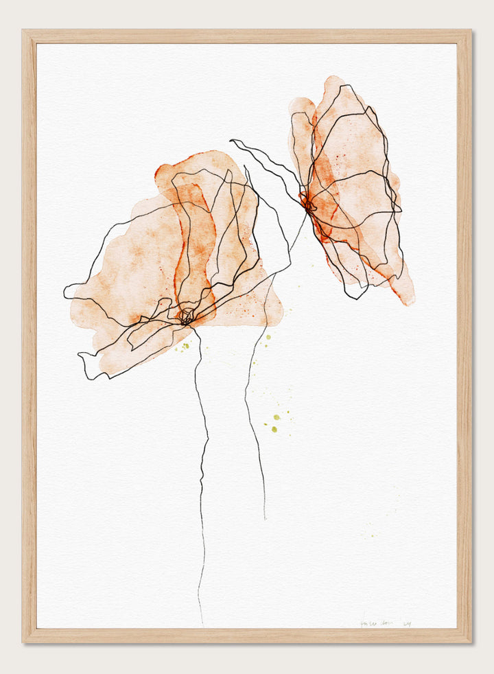 Abstract floral art print featuring two watercolor-style peach and orange flower shapes with thin black line details on a white background. Shop Abstract Peach Flowers by Ankie Kooi, a floral wall art print poster with abstract botanical line art, watercolor flowers, peach, orange, and black.