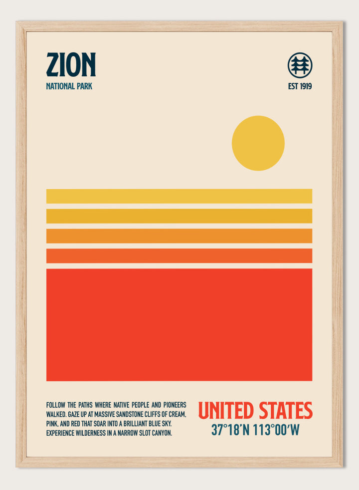 A minimalist Zion National Park poster with a cream background, dark blue text, a yellow sun, and horizontal stripes in cream, orange, and red. The bottom right reads &