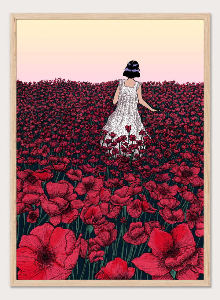 Woman in a white dress standing in a field of red flowers with a gradient sky. Field of Poppies by E.C. Mazur is an officially licensed art print featuring a woman standing in a red poppy field. Illustrated landscape wall poster.