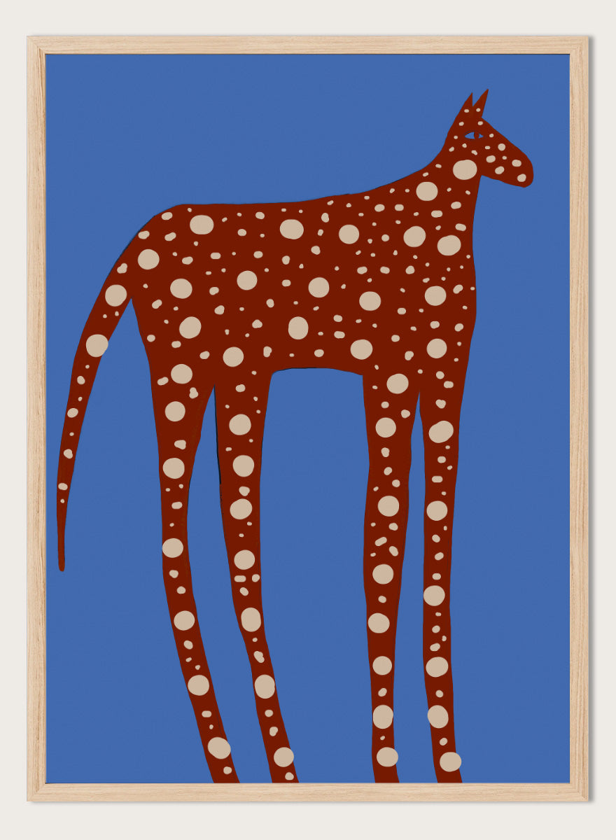 Spotted Long Legged Horse by The Art Concept playful animal art print featuring an elongated spotted horse against a bold blue background.