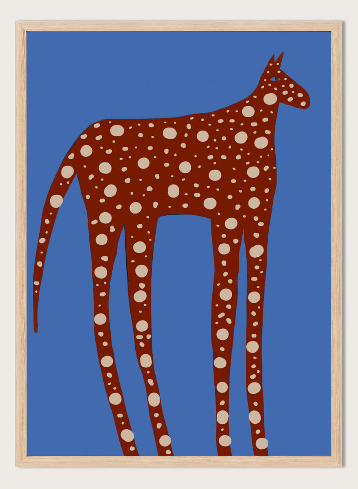 Spotted Long Legged Horse by The Art Concept playful animal art print featuring an elongated spotted horse against a bold blue background.