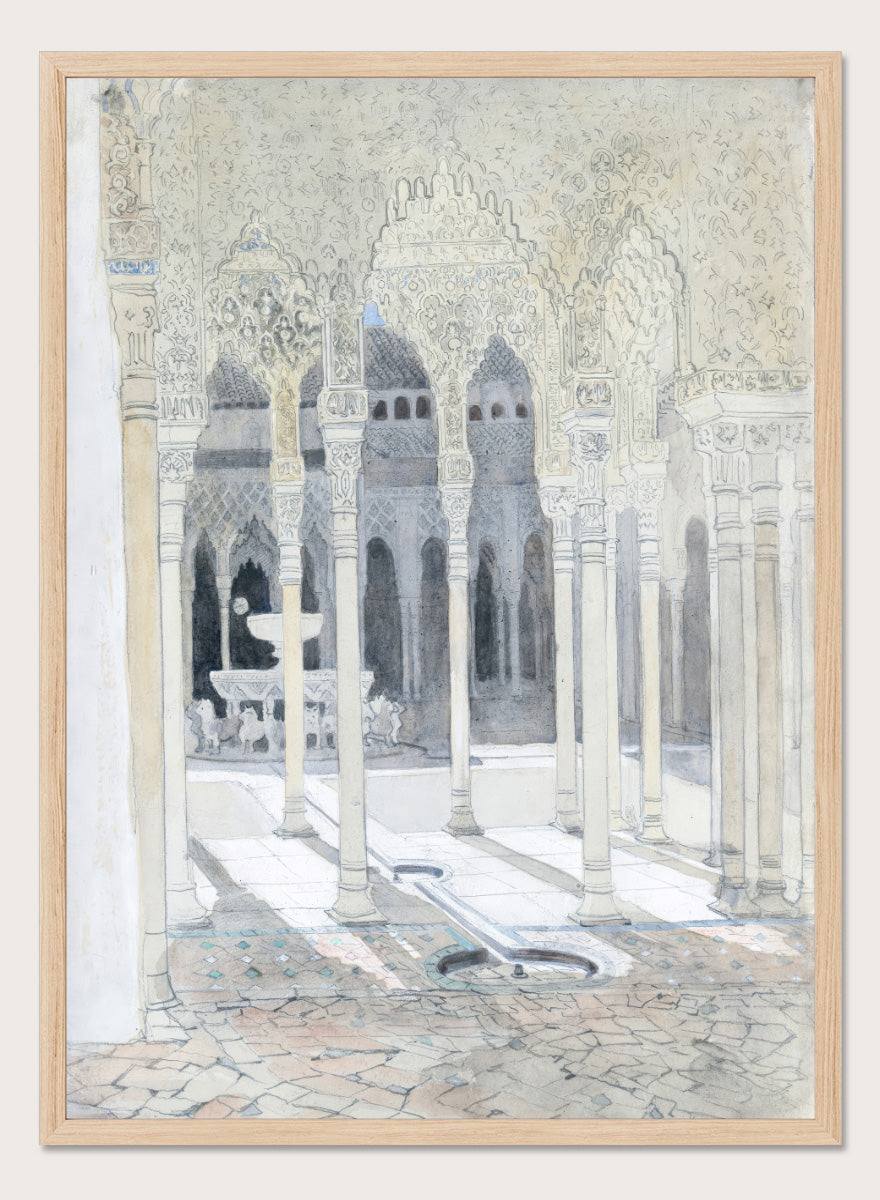 A watercolor and ink painting of a historic courtyard with arches, columns, and a fountain. The Lion Courtyard, the Alhambra, Granada, Spain by Hercules Brabazon Brabazon is a vintage watercolor art print featuring Moorish arches, columns, and the Alhambra courtyard.