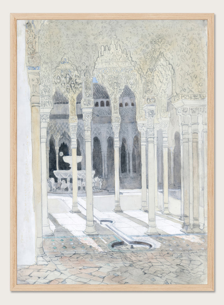 A watercolor and ink painting of a historic courtyard with arches, columns, and a fountain. The Lion Courtyard, the Alhambra, Granada, Spain by Hercules Brabazon Brabazon is a vintage watercolor art print featuring Moorish arches, columns, and the Alhambra courtyard.