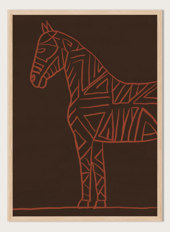 A minimalist art print featuring a stylized horse silhouette outlined in terracotta red on a dark brown background. Horse Line Art by The Art Concept animal art print featuring a stylized horse, geometric linework, warm rust tones, and a deep brown background.