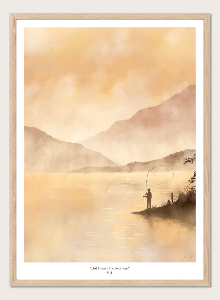A framed art print featuring a serene landscape painting of a fisherman casting a line on a misty lake with mountains in the background, rendered in warm golden and beige tones. Shop Misty Lake Fisherman by Jake Waldron, a minimalist fishing wall art print featuring a lone angler, mountain lake, golden mist, and outdoor adventure.