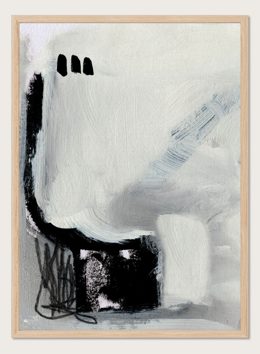 Shop Beyond No.02 by Dan Hobday, a minimalist abstract wall art print poster featuring expressive black forms and soft gray brushwork on a white ground.