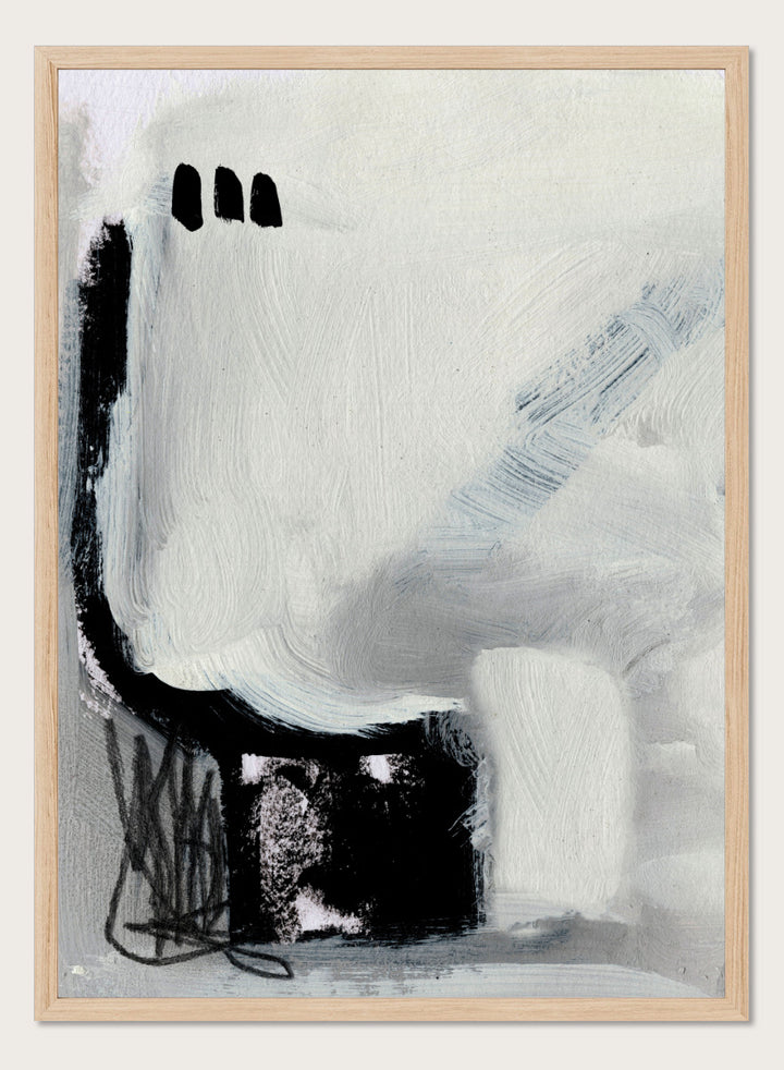 Shop Beyond No.02 by Dan Hobday, a minimalist abstract wall art print poster featuring expressive black forms and soft gray brushwork on a white ground.