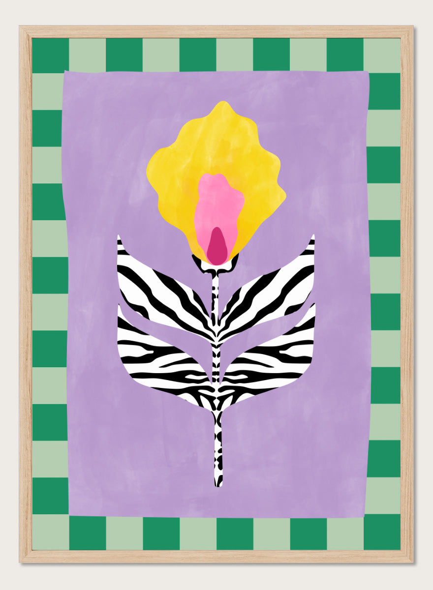 Shop Modern Zebra Flower by Elena Ristova, a colorful floral wall art print poster featuring zebra-striped leaves, a yellow-pink bloom, lavender, and green checks.