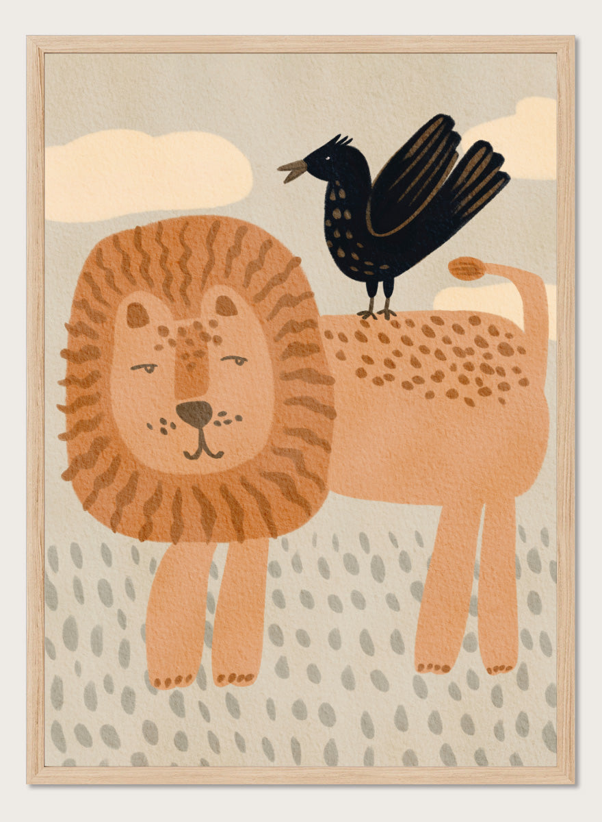 A stylized illustration of a lion and a crow on a cream background with clouds and dotted ground. The lion is tan and peach with brown stripes in its mane, and the crow is black with small gold spots. Shop Friendly Lion And Bird by Nikita Jariwala, a nursery wall art print poster with a lion, bird, animal illustration, and beige tones.