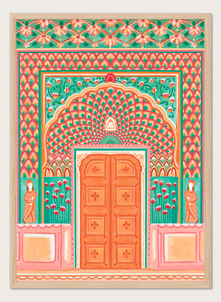 A colorful traditional Indian-style architectural artwork depicting an ornate arched doorway with a peach-orange double door, teal and pink patterned walls, floral motifs, and small statue figures on either side. Shop Vibrant Indian Archway by Nidhi Kachhadiya, a colorful Indian wall art print featuring an ornate archway, floral details, and coral pink tones.