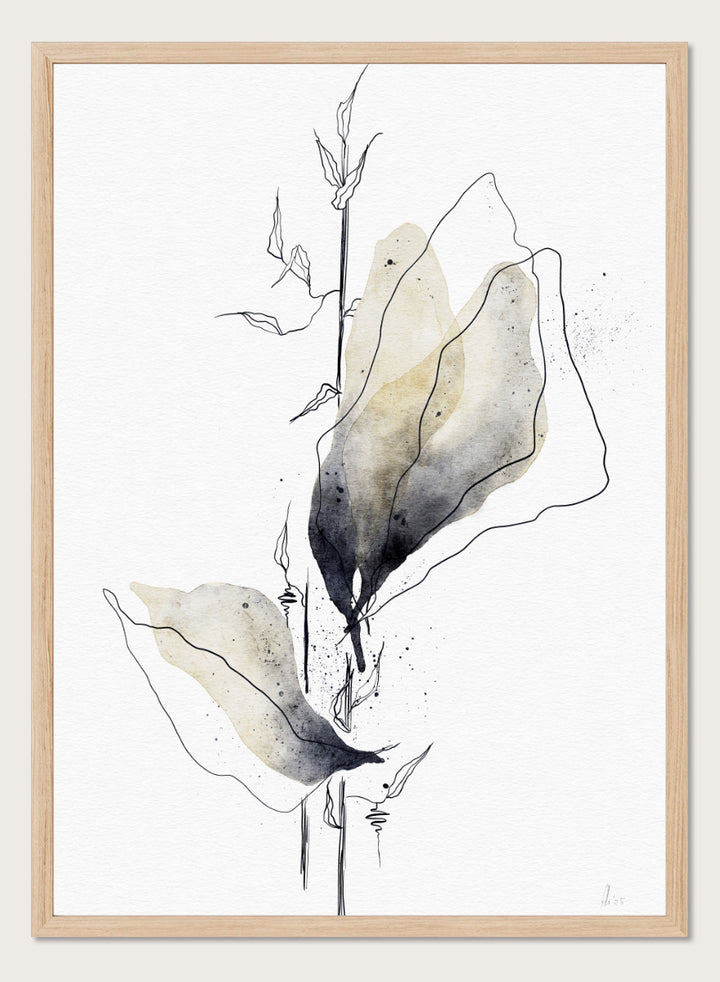 Minimalist watercolor and ink botanical art print featuring abstract leaves and stems on a white background. Shop Watercolor Botanical Elegance by Ankie Kooi, a botanical wall art print poster with abstract watercolor leaves, minimalist line art, yellow, gray, and cream.