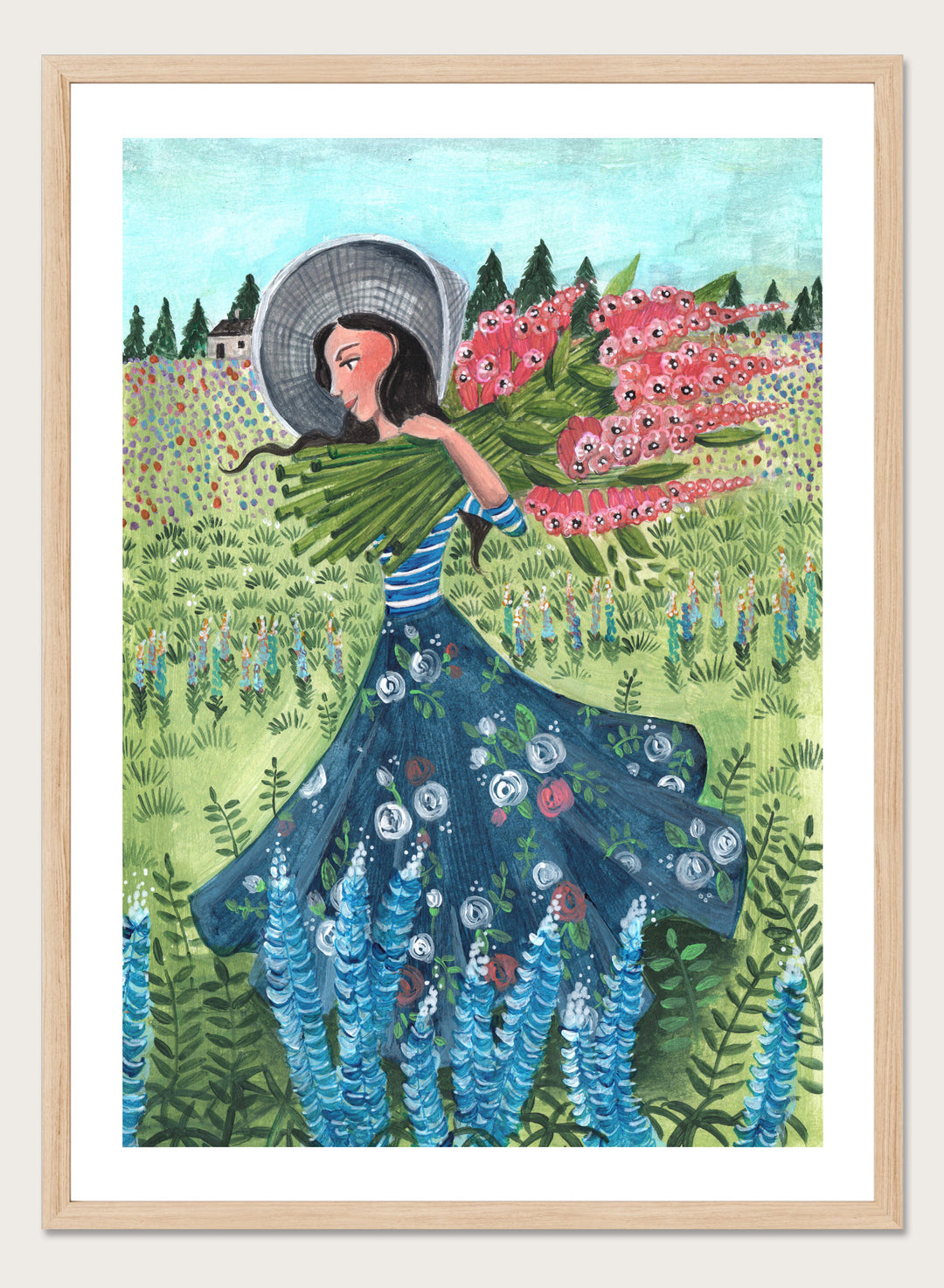 Woman in a floral dress holding flowers in a garden. Woman With Summer Flowers by Caroline Bonne Müller is a fine art print and wall poster featuring a woman carrying flowers through a colorful field.