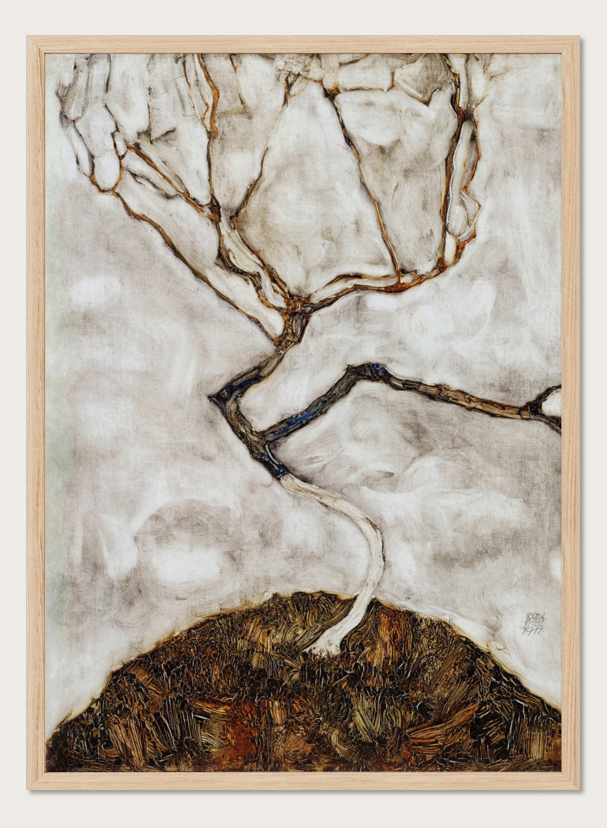 Shop Small Tree in Late Autumn by Egon Schiele, a vintage Expressionist wall art print poster featuring a bare autumn tree in soft cream tones.