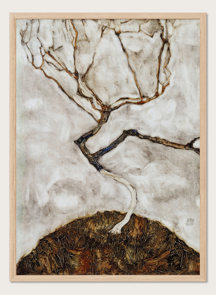 Shop Small Tree in Late Autumn by Egon Schiele, a vintage Expressionist wall art print poster featuring a bare autumn tree in soft cream tones.