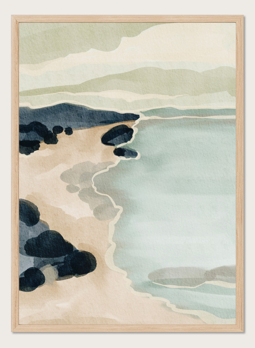 Shop Coastal Serenity by Nikita Jariwala, a modern coastal wall art print featuring a soft shoreline, abstract seascape, rocky beach, and pale blue, sage, and cream tones.